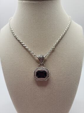 The Roman Company~RMN Signed Silver Etched Black Emerald Cut Pendent Necklace